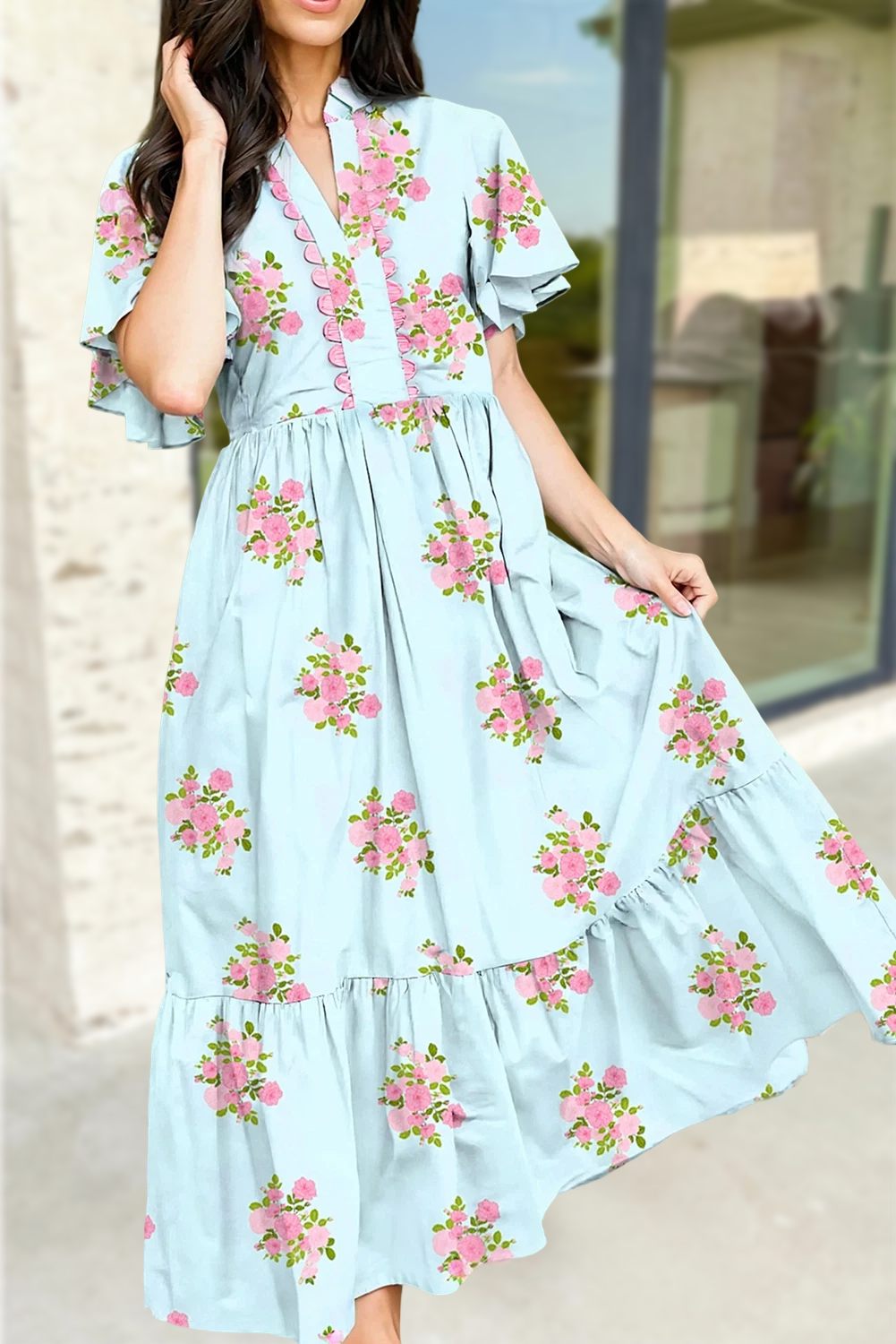 Floral Print V Neck Flutter Short Sleeve Maxi Dress | S-XL: Sky Blue / XL